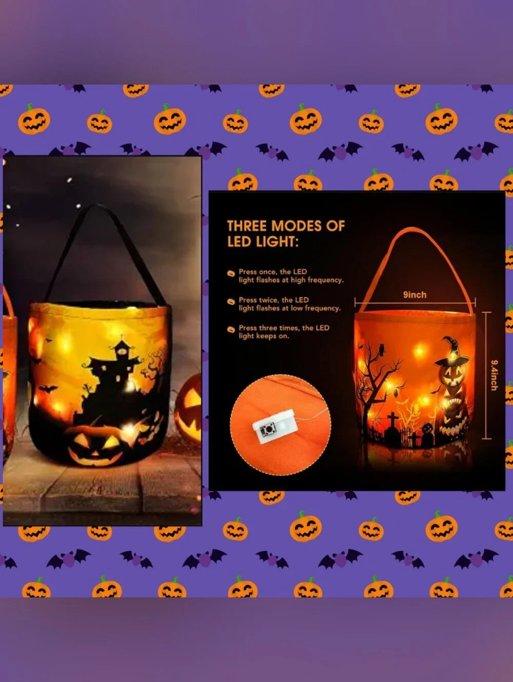 M/L Sz Blk/Multiclr Halloween Reusable Trick or Treat Fabric Bucket w/LED Lights